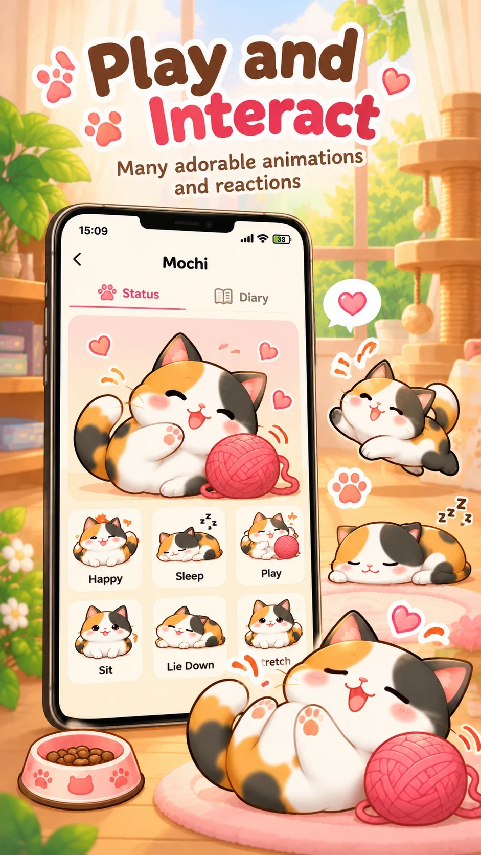 Play and interact: Mochi happy, sleeping, playing, sitting, lying down and stretching